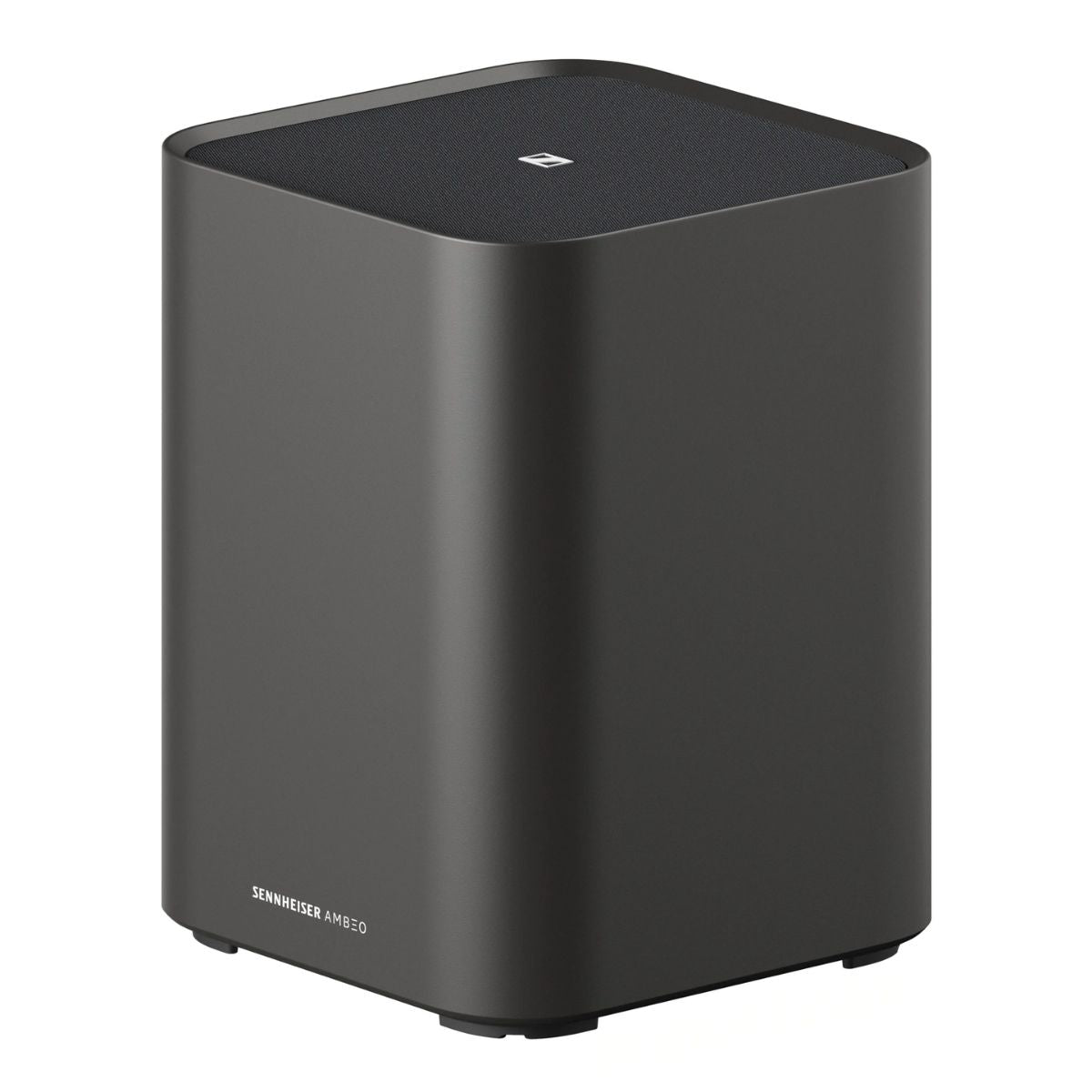 Sennheiser AMBEO Sub subwoofer üst köşeden görünüm, logo detayı
